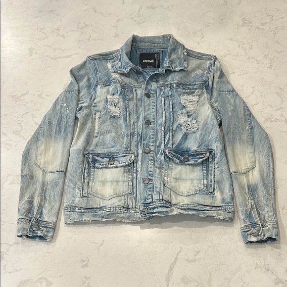 Preme Light Blue Distressed Whitewash Denim Jean Button Down Men’s Jacket Medium - Picture 15 of 16